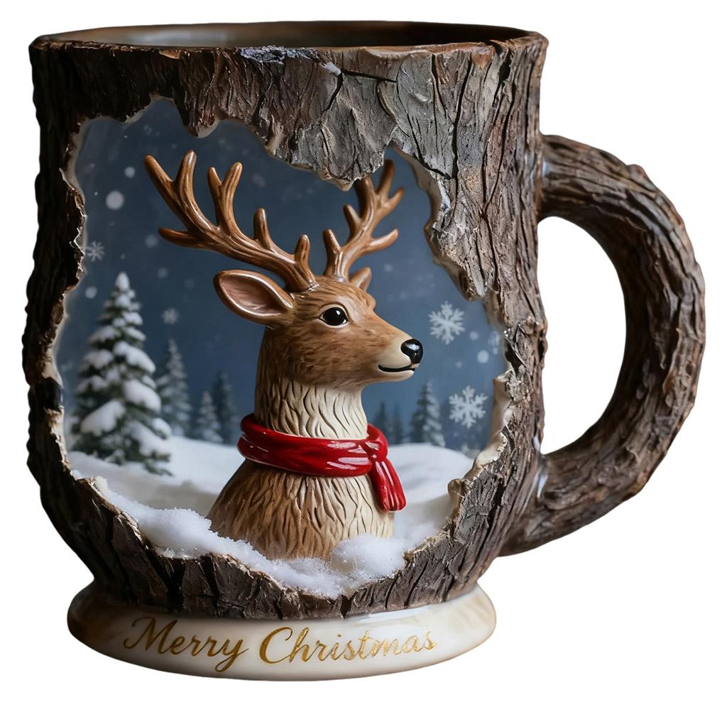 Festliche Weihnachtstasse mit 3D-Baumrindenstruktur, Weihnachtsmann- und Rentiermotiv, Kaffeetasse aus Kunstharz, Weihnachtsdeko, originelle Geschenke