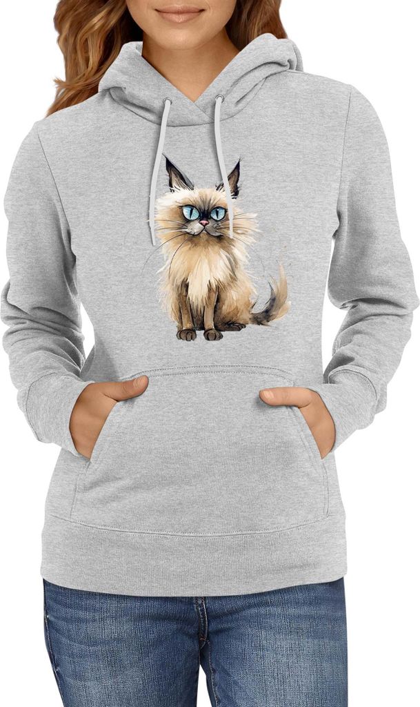 Damen Kapuzenpullover Funny Cats Breeds Balinese Cat 010, Lady 2XL / Grau