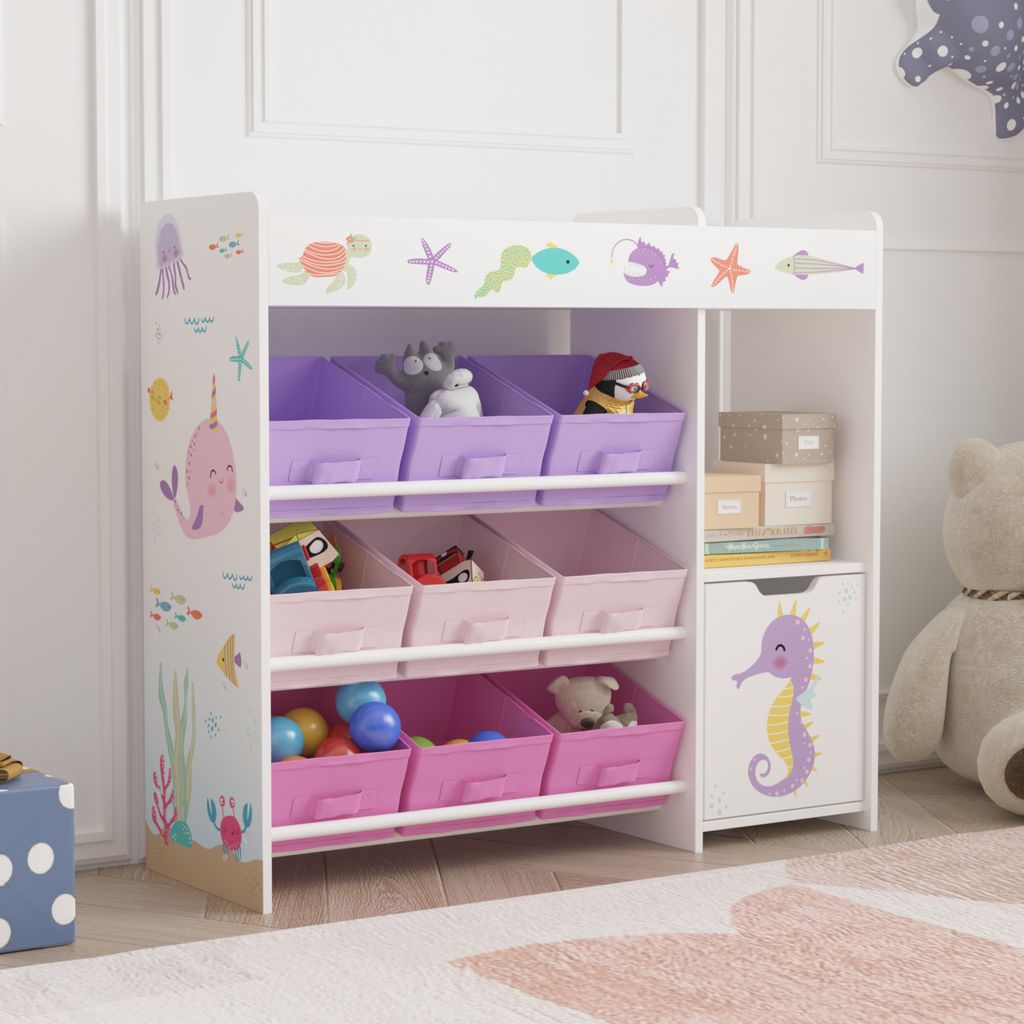 Kinderregal ‘Søndreland’ mit einer Schranktür und 9 Faltboxen 80 x 90 x 30 cm mit Ozean Motiv