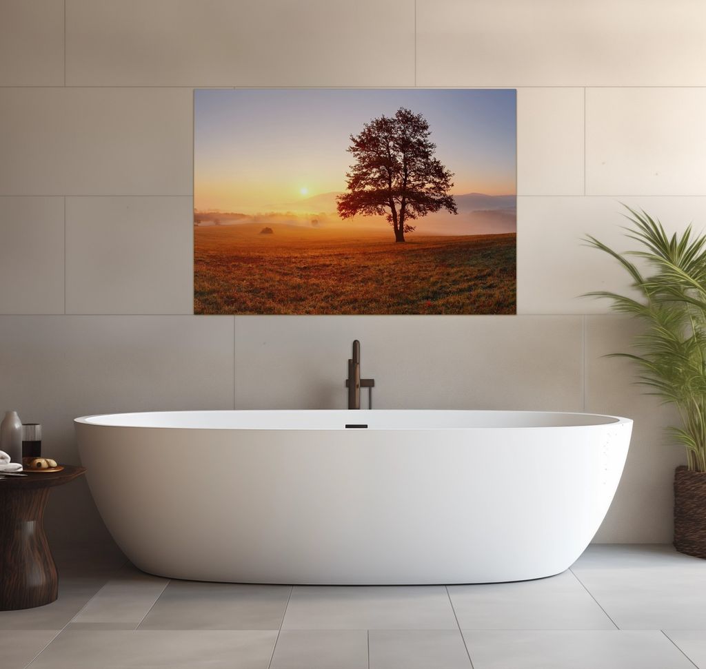 Wallario wasserfestes Poster selbstklebend 70 x 100 cm, Sonnenaufgang über der Wiese mit Nebel, Badezimmerposter Spritzschutz mit Hochglanzoberfl...