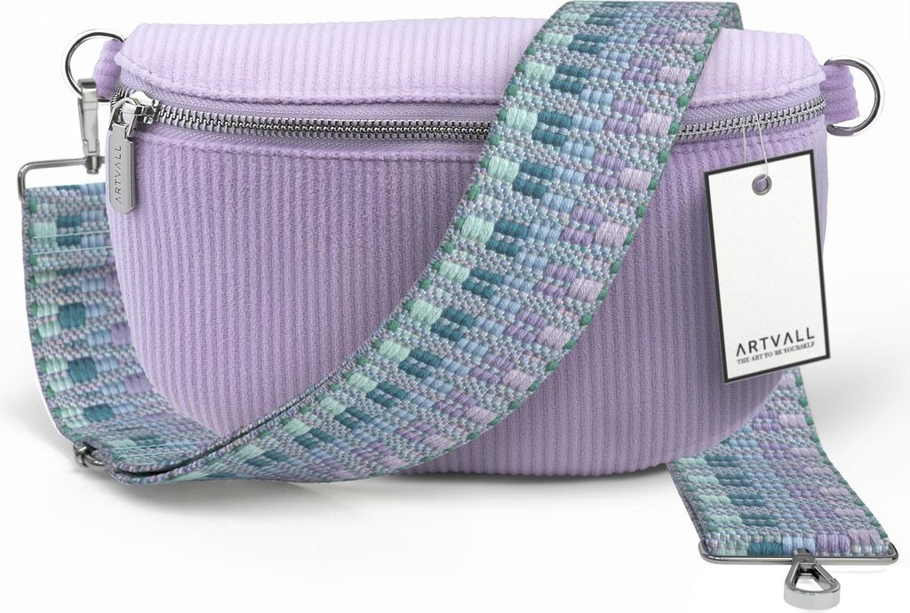 ARTVALL - Umhängetasche aus Cord, Klein mit verstellbarem Schultergurt, abnehmbares Taschenband, Crossbody Bag in Lila