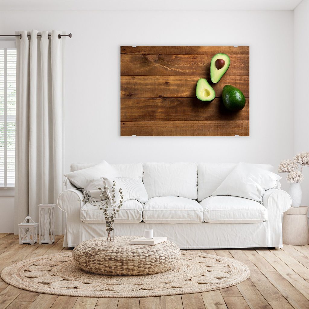 Glasbild Wandbild Avocado auf Holztisch 100x70cm in XXL für Wohnzimmer, Schlafzimmer, Badezimmer, Flur