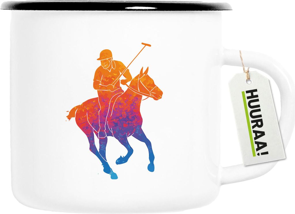 Huuraa Emaille Tasse Polo Spieler bunte Silhouette 300ml Vintage Campingbecher Geschenkidee