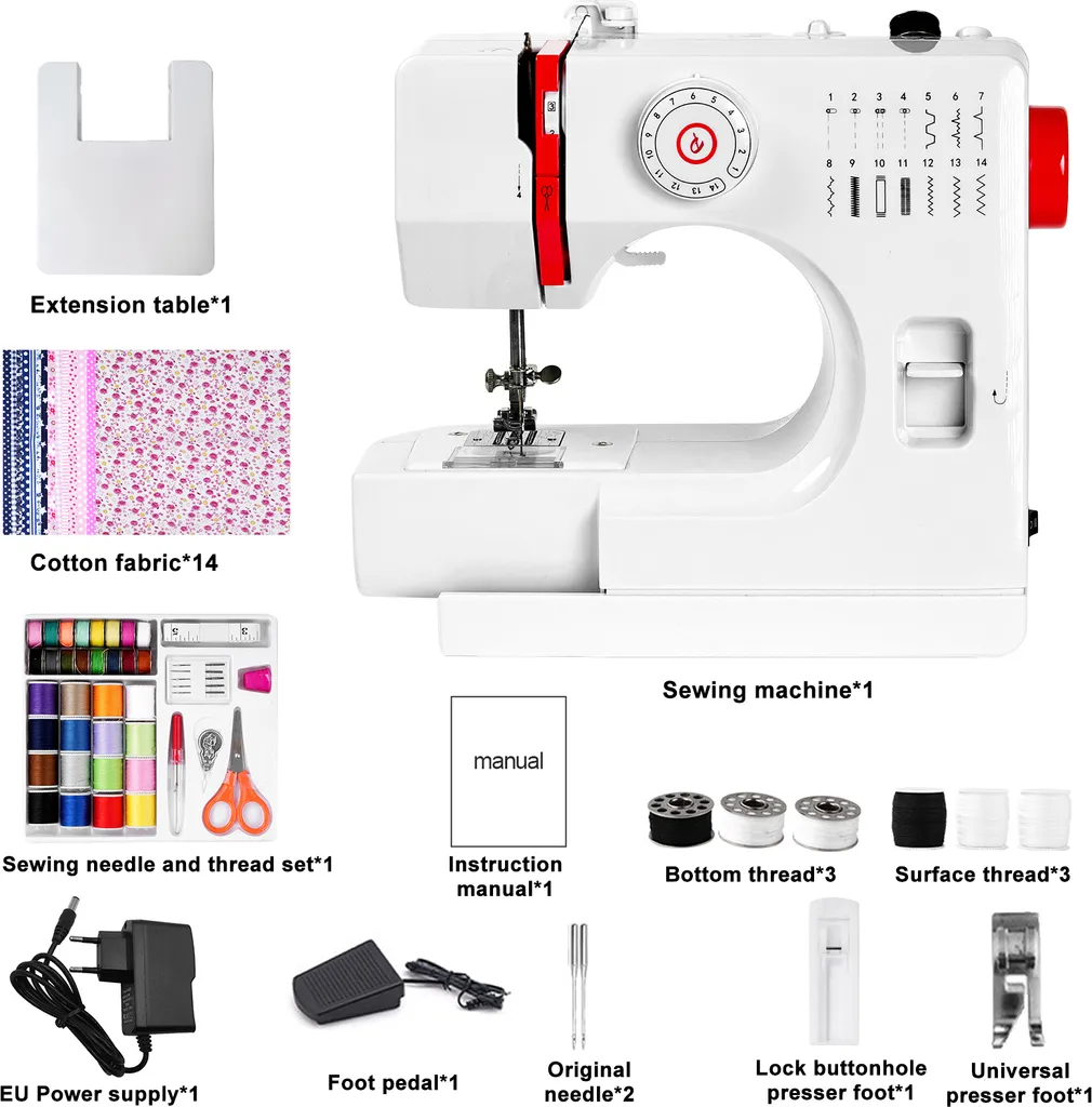 Mini-machine à coudre 725 : 14 points, table et kit complet inclus