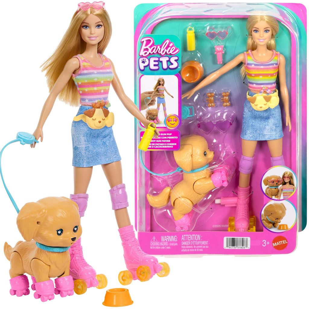 Barbie Blonde „Pets Skate and Run“ Pup -Puppe mit Hündchen, Rollschuhen und Zubehör, Modepuppe, Weiblich, 3 Jahr(e), 298 mm, Mehrfarbig