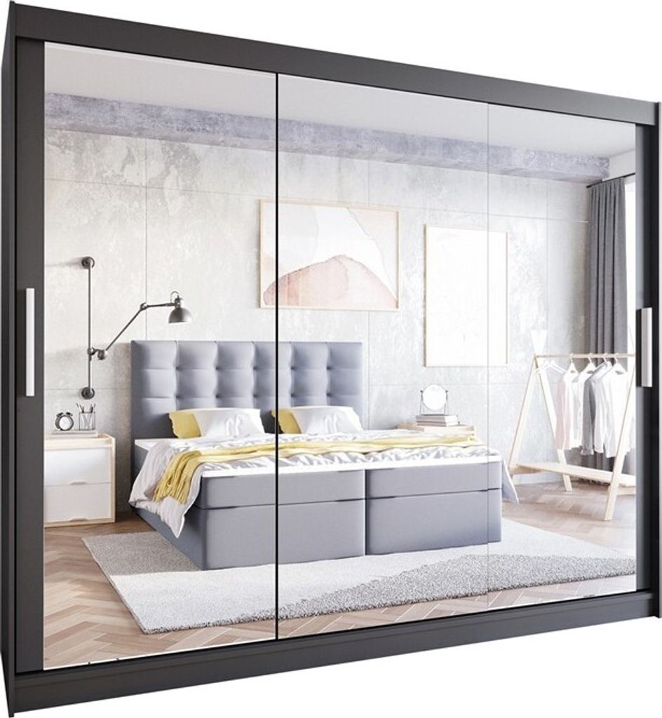 Easy4You LIII 250 cm Schwarz Schiebetüren Kleiderschrank 250x215x58 cm mit Spiegel - Schlafzimmermöbel, Aufbewahrung - Mehrzweckschrank