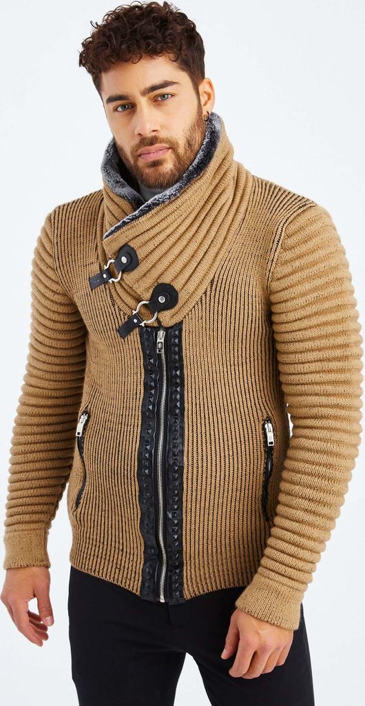 Leif Nelson Schalkragen Herren Strickjacke Schalkragen LN-5165, Braun Schwarz / M