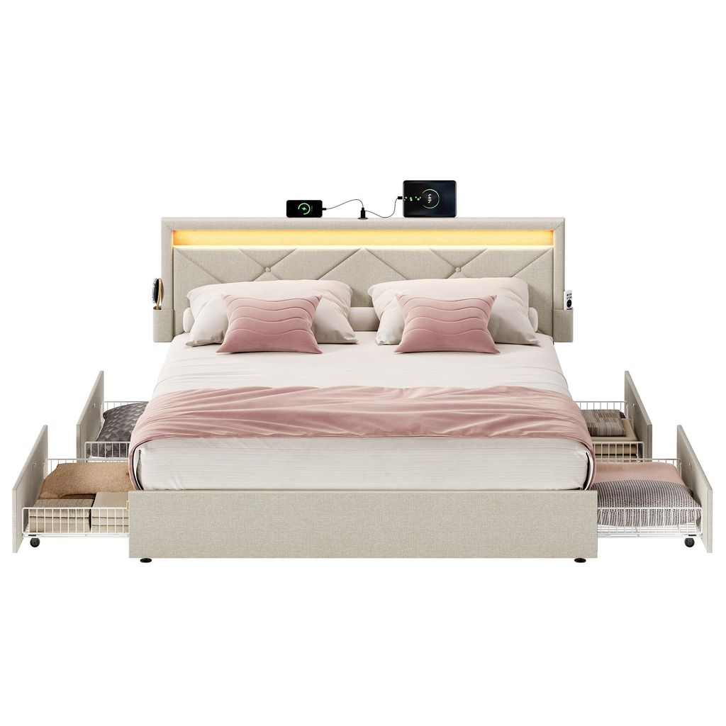 VASAGLE Doppelbettgestell, Bettgestell, 140 x 200 cm, LED, Metallbett, 4 Schubladen, Ladestation, verstellbares gepolstertes Kopfteil, Cappuccinobeige
