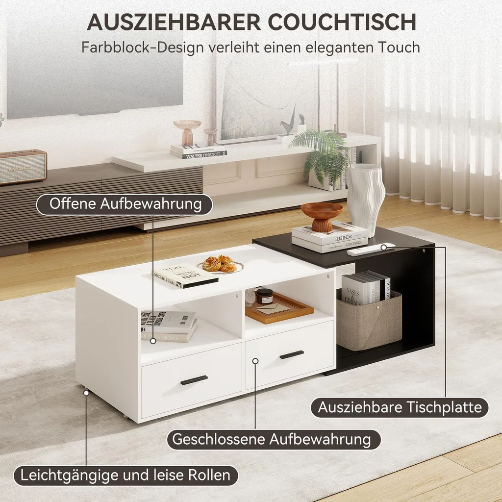 Table Basse avec Tiroir et Design Modulaire Extensible Noir et Blanc - 3