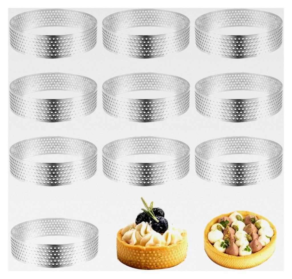 10 Stück Mousse Tartelette Förmchen 8CM Perforierte Dessertringe aus Edelstahl für Torten, Gebäck, Minikuchen, Pie und Quiche, 2cm hoch (Silber)