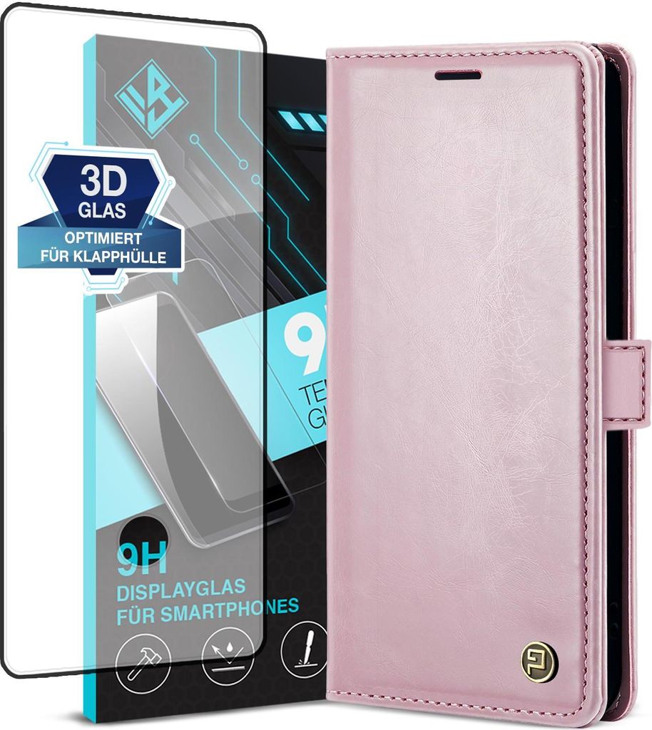 Handyhülle für Samsung Galaxy S23 Ultra mit 9H Displayglas Kunstleder Flip Vintage Cover Hülle RFID Schutz Case Kartenfach Farbe: Rosa