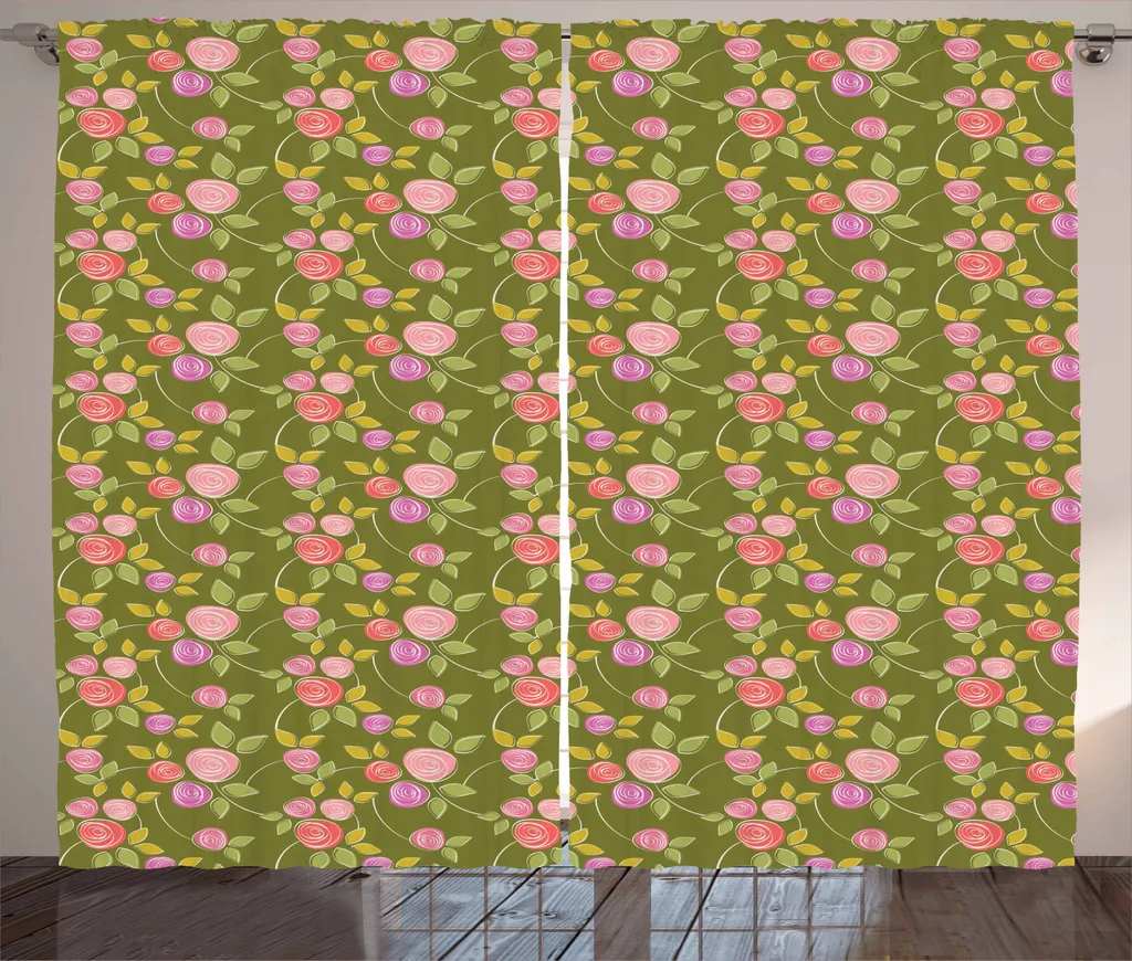 ABAKUHAUS Tenda rustica con rose, disegno semplificato a spirale, tende universali per soggiorno con passanti e ganci, 280 x 225 cm, multicolore