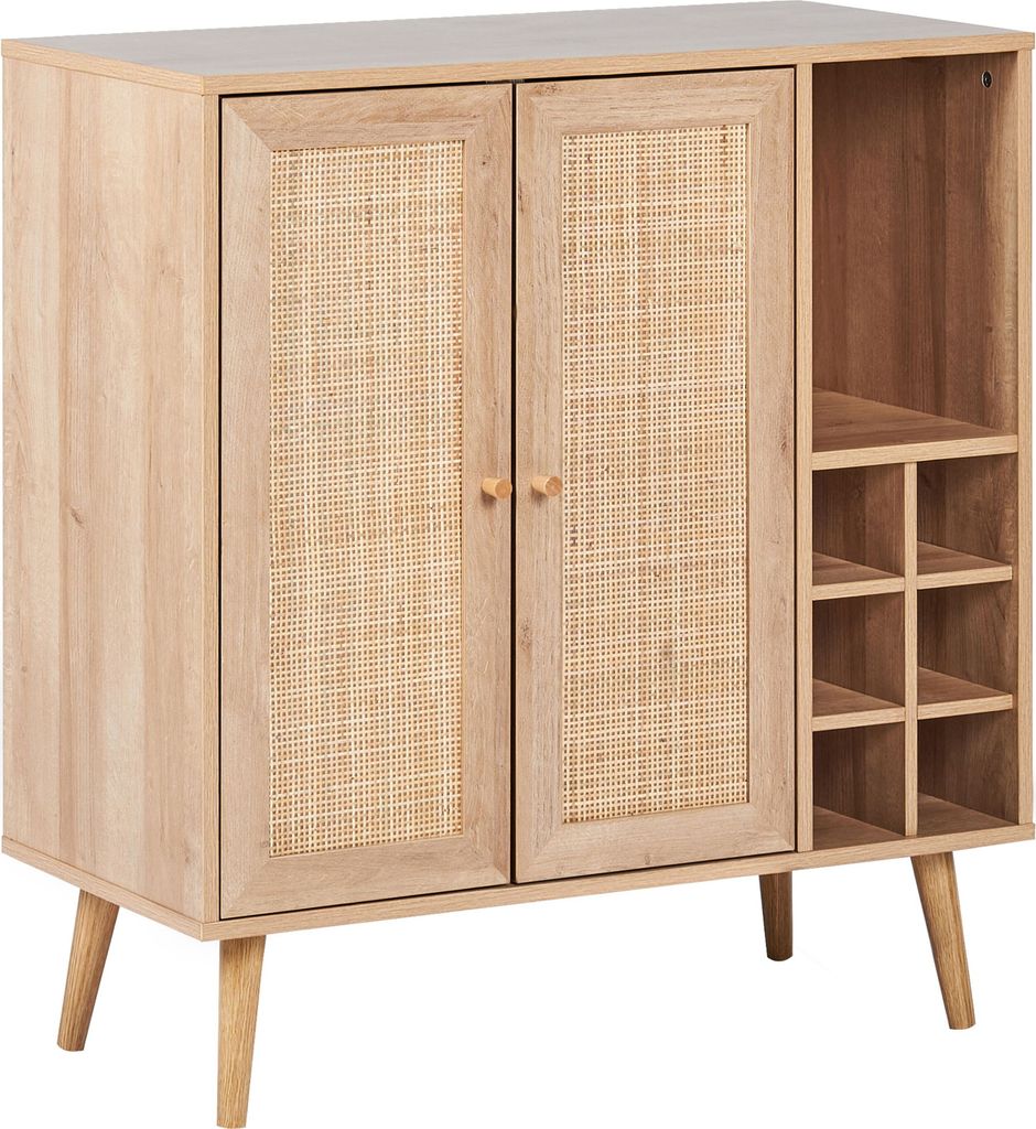 BELIANI Sideboard mit Weinregal Hellbraun mit Rattan Geflecht Fronten 2 Türen Boho Stil Weinschrank Aufbewahrung Stauraum Wohnzimmer Küche Flur