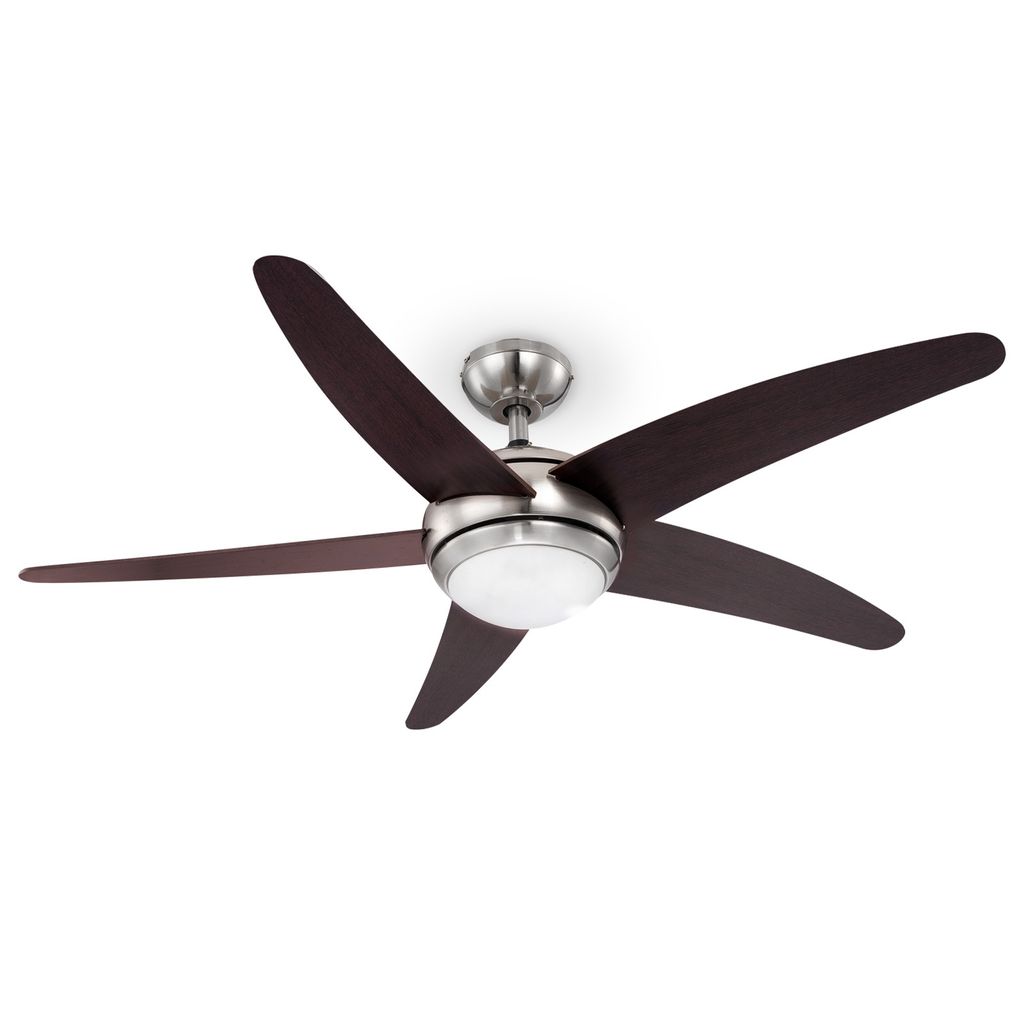 A ceiling fan with five blades and a light fixture is shown against a white background.