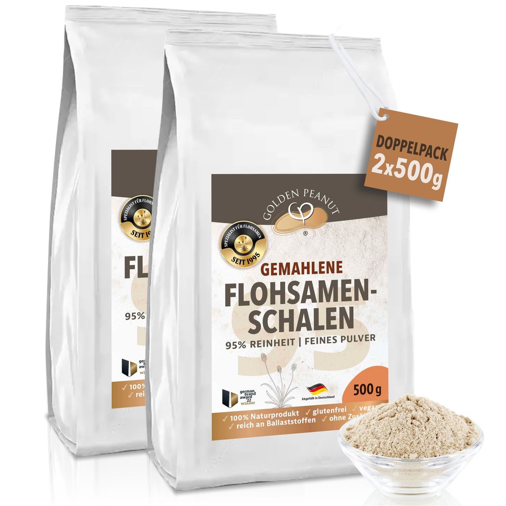 GOLDEN PEANUT Flohsamenschalen Pulver 95% 2x500 g, Psyllium fein gemahlen, ohne Zusätze, glutenfrei, ideale Backzutat
