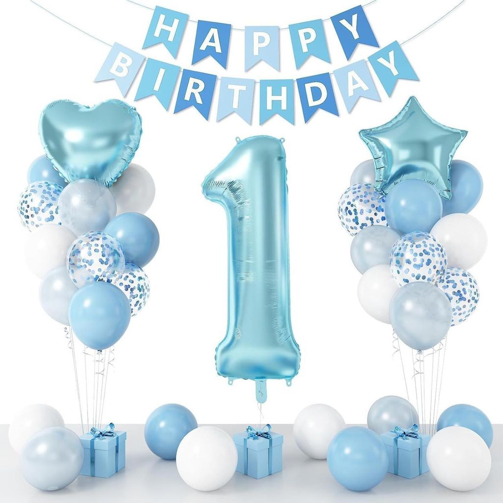 Dekoration zum 1. Geburtstag für Jungen: Blau-weißer Konfetti-Ballon mit 100 cm großer blauer Zahl 1, Sternen- und Herz-Folienballons und Geburt...