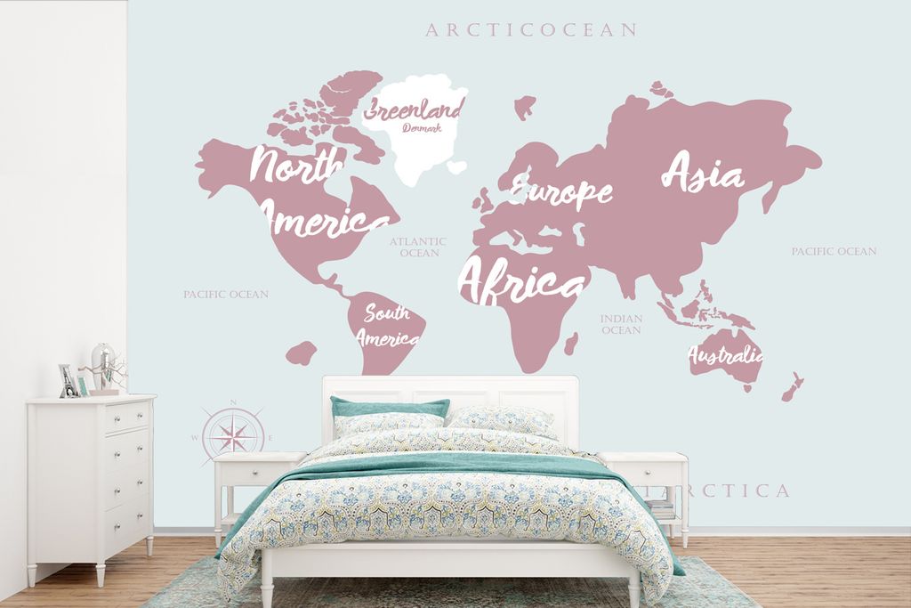 MuchoWow Fototapete für Wohnzimmer oder Schlafzimmer Wandtapete Vinyl Motivtapete Weltkarte - Rosa - Briefe - 420x280 cm - Zimmer für Kinder
