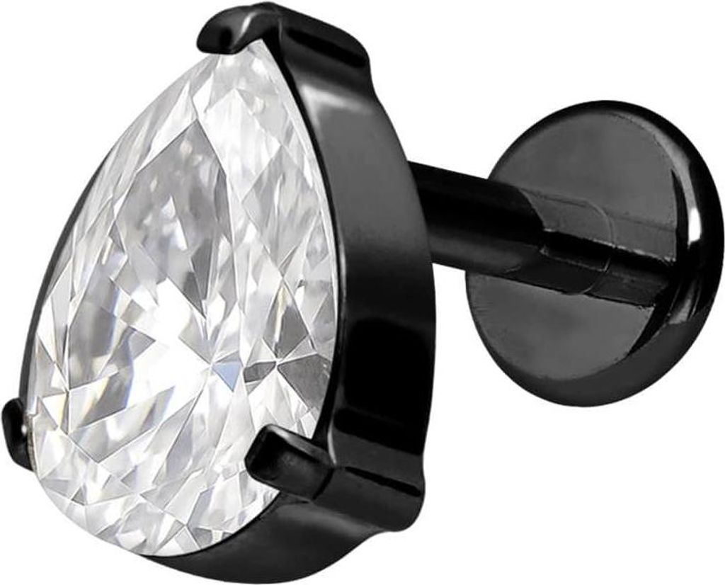 Ohrpiercing, Nasenpiercing Premium Titan Labret mit Innengewinde KRISTALLTROPFEN Schwarz Stablänge: 6mm | Discgröße: 5 x 7mm