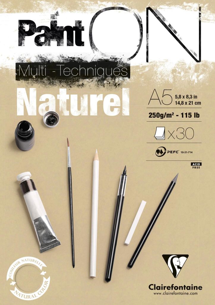 Clairefontaine 4x PaintON Naturel, Block A5, kopfseitig , 30 Blatt, Sand 96539C
