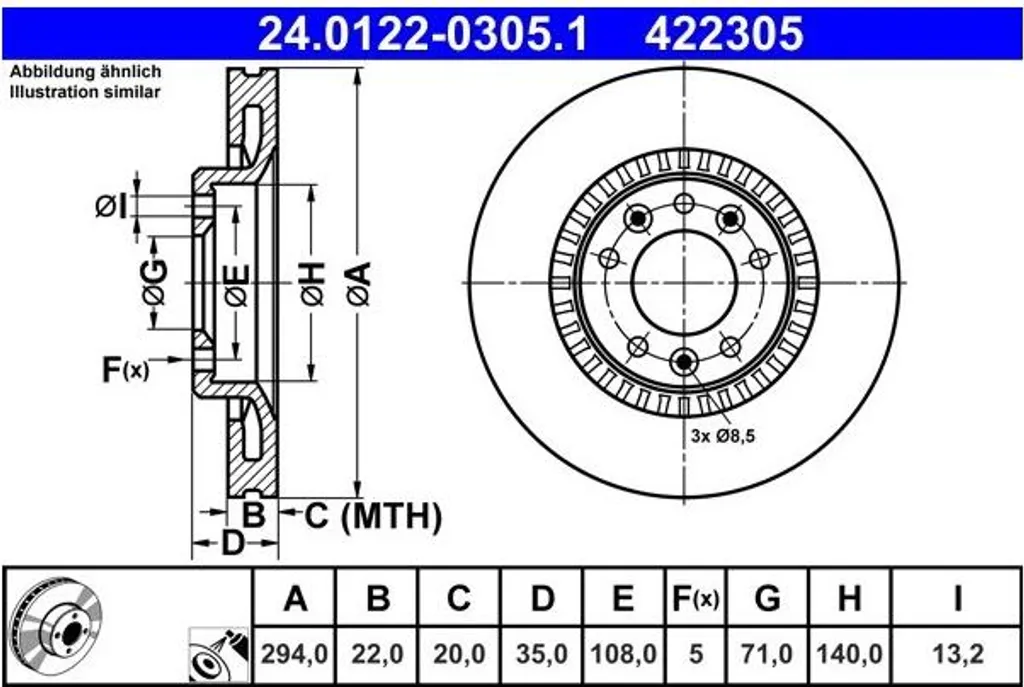2 Disques de Frein ATE 24.0122-0305.1 pour OPEL Zafira Life et Vivaro C