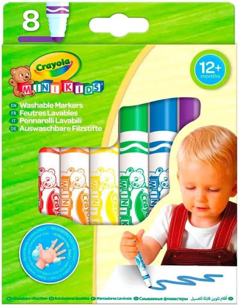 A box of Crayola Mini Kids Washable Markers with a child drawing.