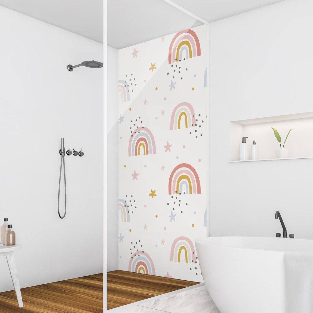 Duschrückwand Muster selbstklebend - 0.61 mm Wandpaneel wasserfest Regenbogen bunt Illustration Badrückwand fugenlos Premium matt 80x190 cm