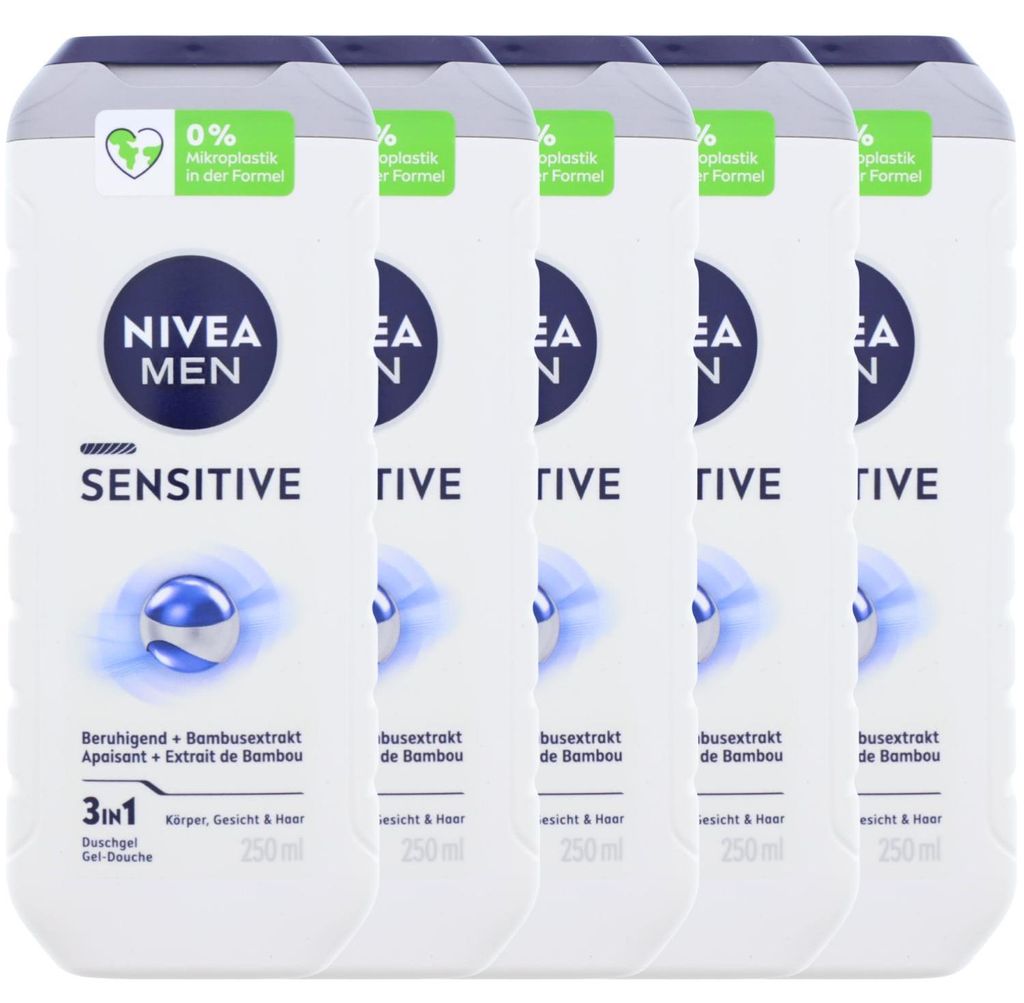 5 x NIVEA MEN Sensitive Duschgel je 250ml 3in1 Pflegeduscht