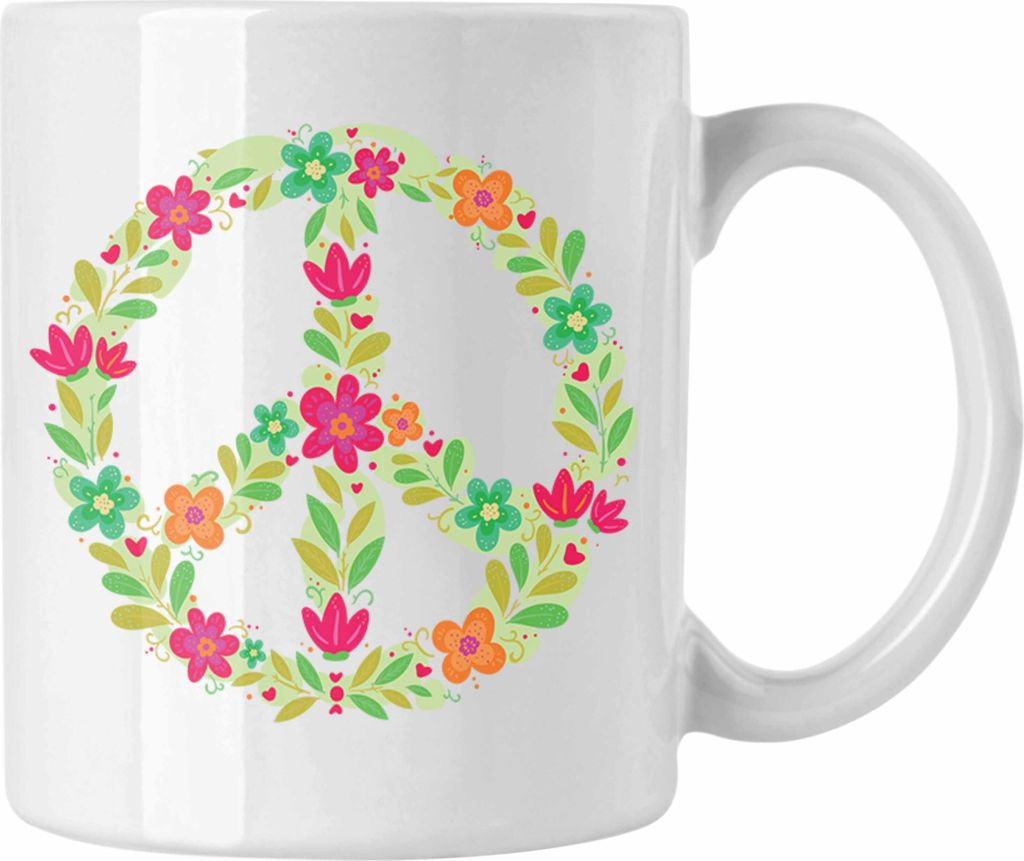 Trendation - Peace Zeichen Tasse Frieden Hippie 90er 80er Grafik Geschenk Blumen Grün (Weiß)