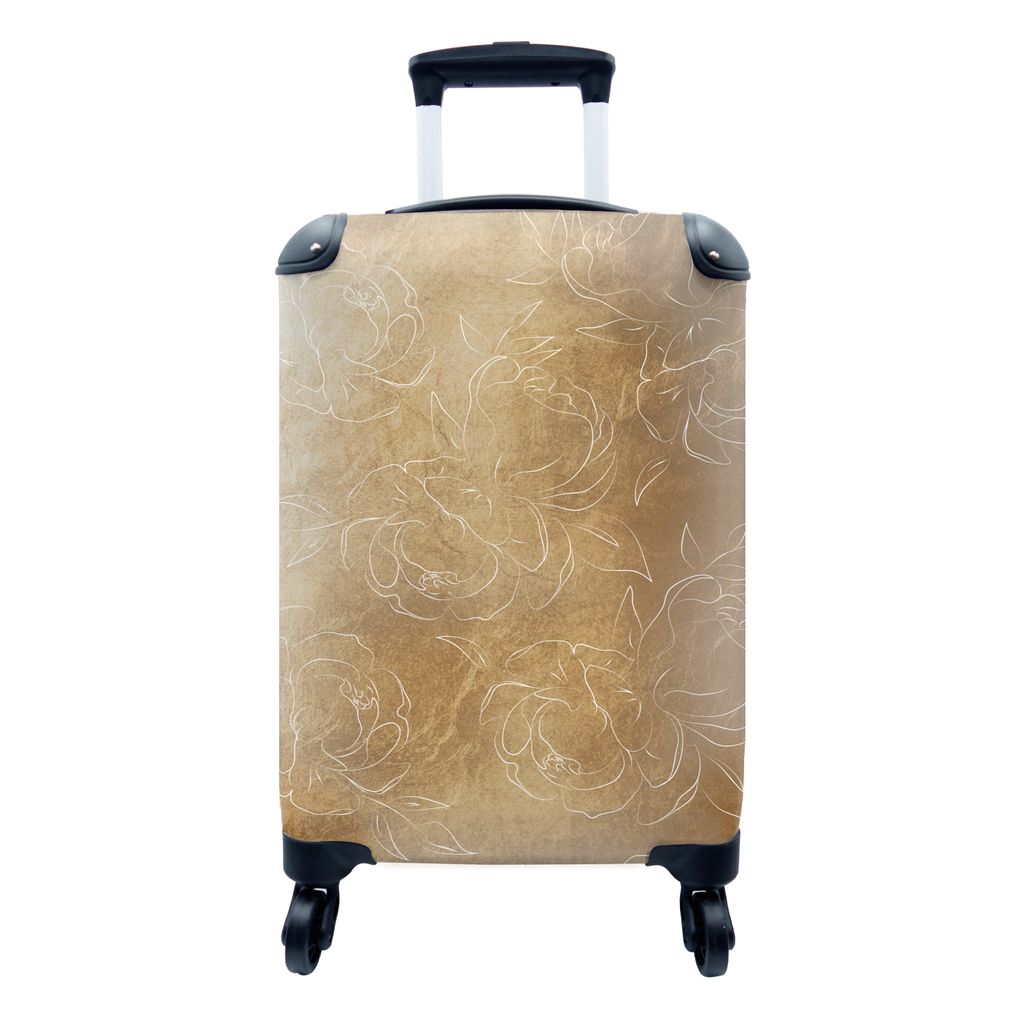 MuchoWow Koffer Handgepäck Trolley Rollkoffer Kleine Reisekoffer mit 4 Rollen - Blumen - Gold - Muster - Gold - Cabin Size < 55x40x23 cm & 55x40...