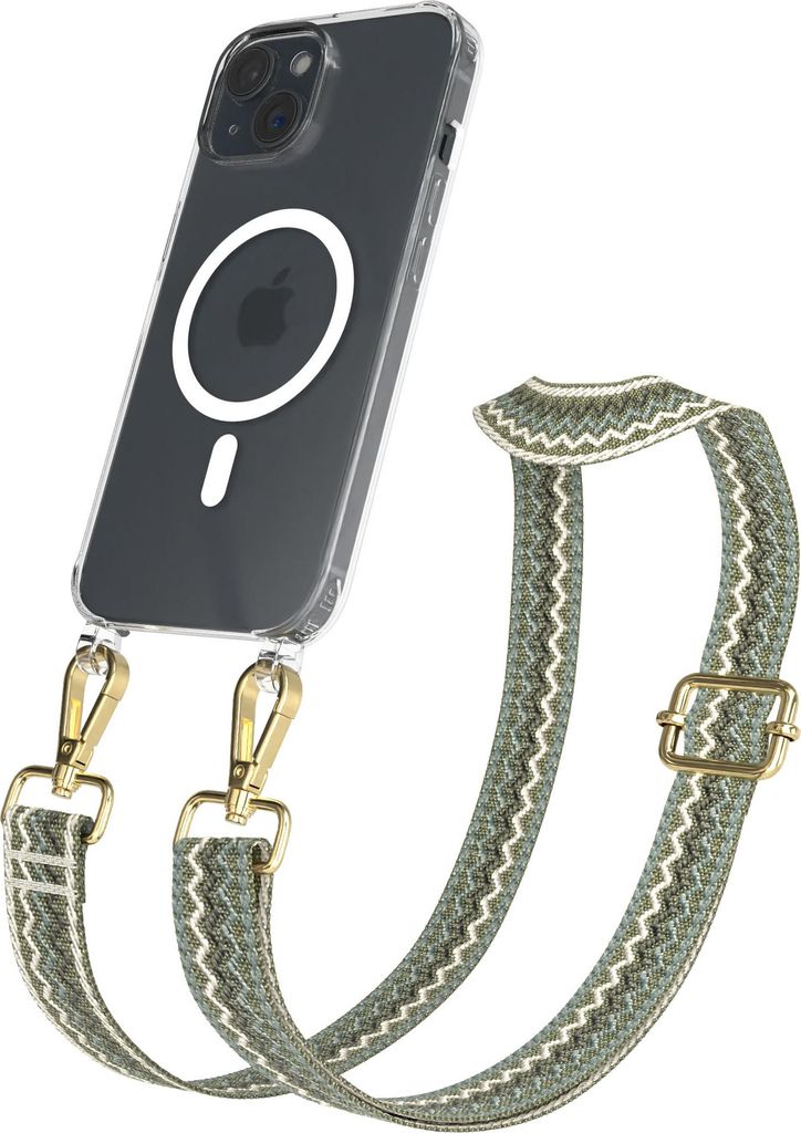 EAZY CASE - Handykette mit MagSafe Hülle für Apple iPhone 15, Handyband Wave Style, Karabiner Gold, Umhängeband in Grün