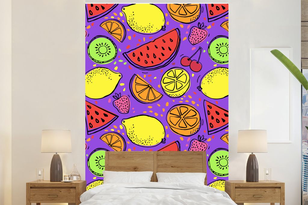 MuchoWow Fototapete für Wohnzimmer oder Schlafzimmer Wandtapete Vinyl Motivtapete Neon - Obst - Lila - 195x300 cm - Das Hintergrundbild