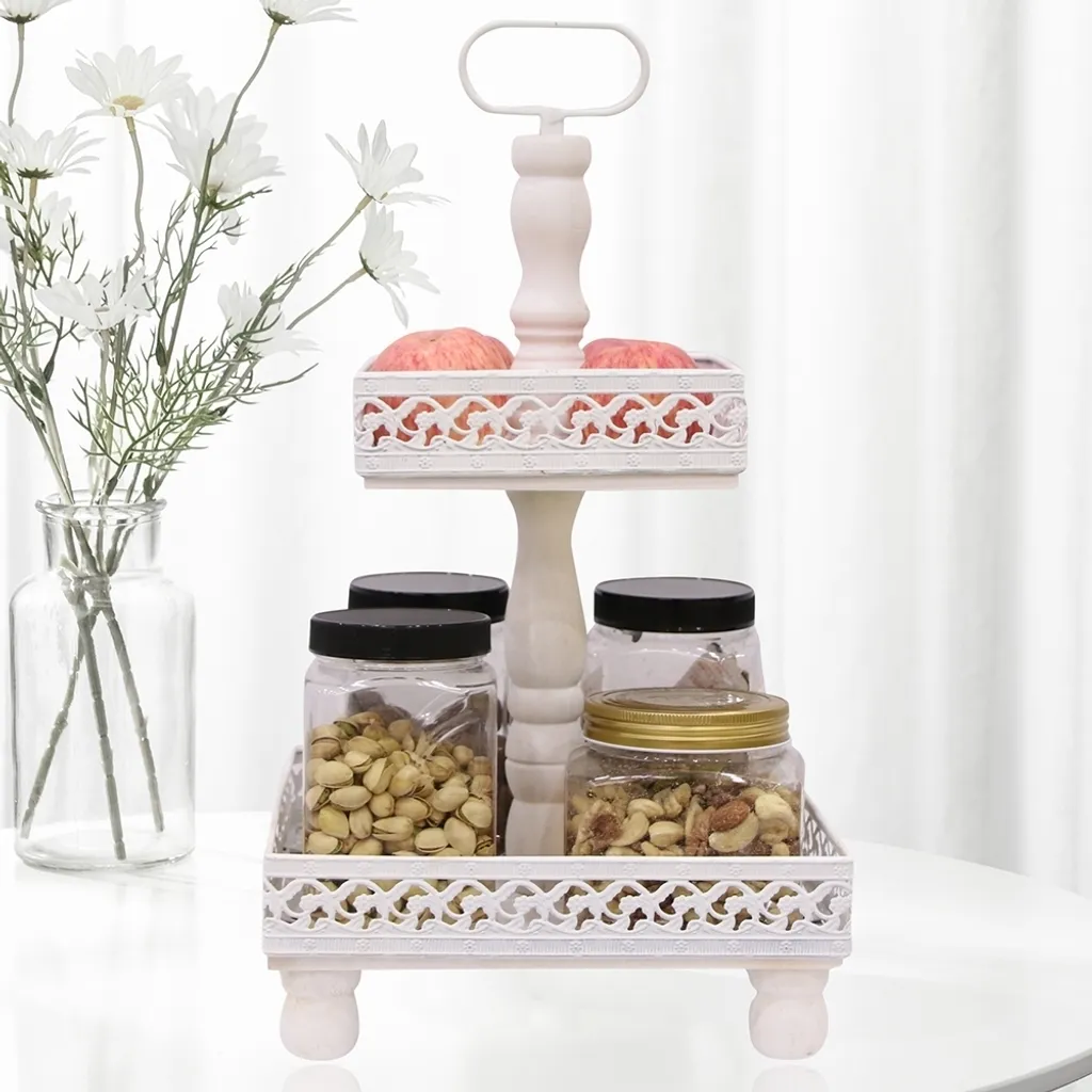 Melko Etagere Piatto da portata a 2 piani Fruttiera Pasticceria Alzata per torte - Bianco Metallo