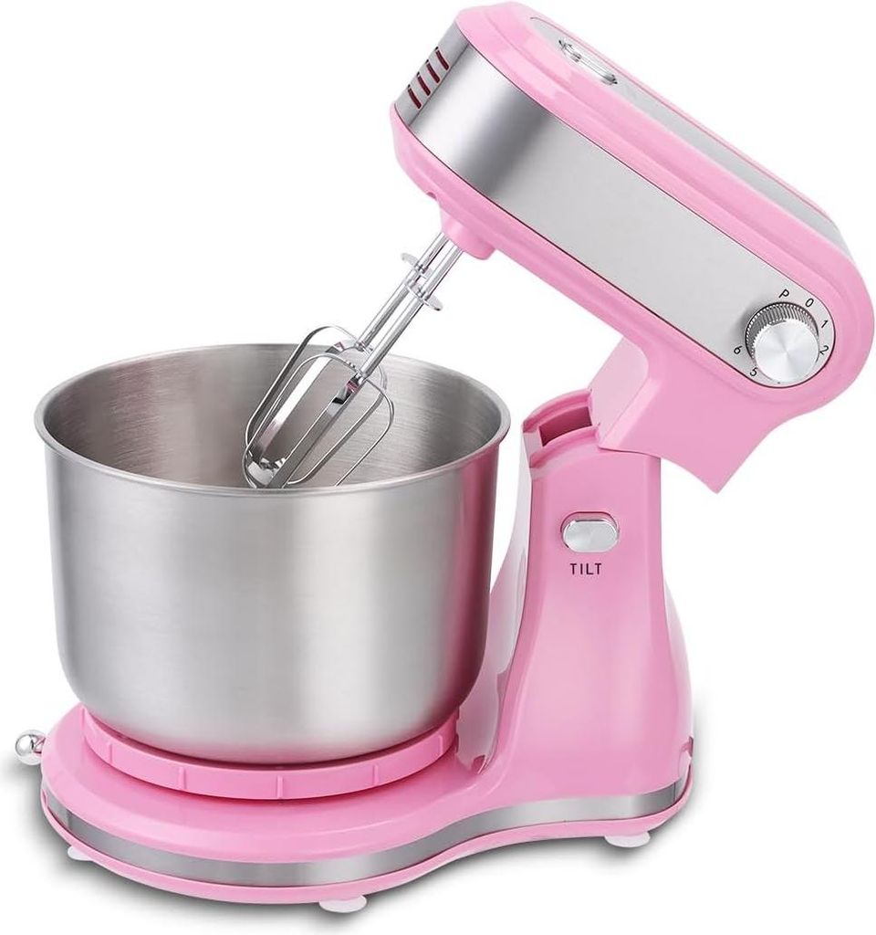 A pink stand mixer with a stainless steel bowl and beaters is shown against a white background.