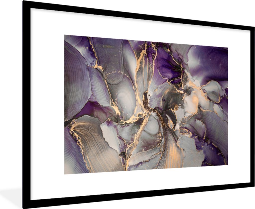 MuchoWow Gerahmtes Poster Gold - Lila - Marmor 90x60 cm - Poster mit Schwarzem Bilderrahmen Wandposter Rahmen Foto Bilder - Wanddekoration - Fotos