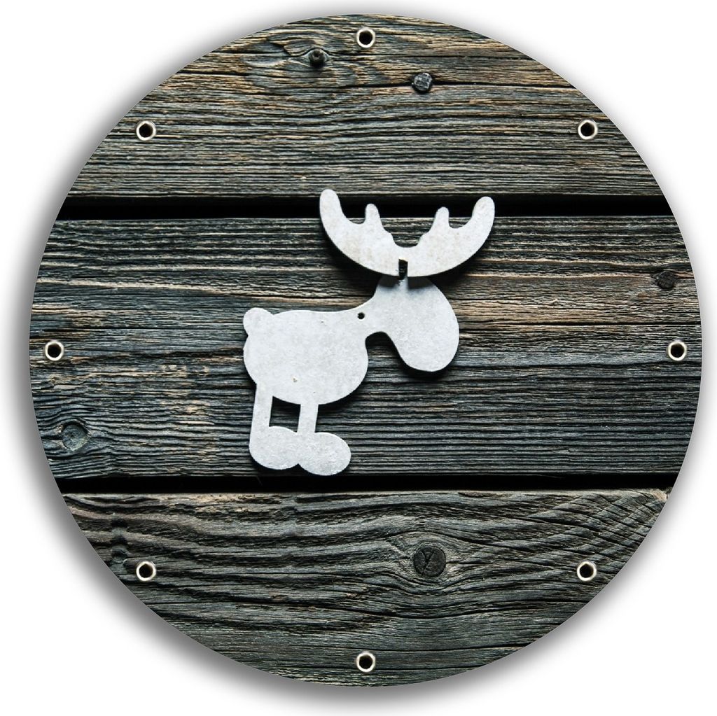 Wallario rundes Outdoor-Poster für Garten oder Balkon, Motiv Elch Symbol in weiß, vor dunklem Holz, 30 cm Durchmesser