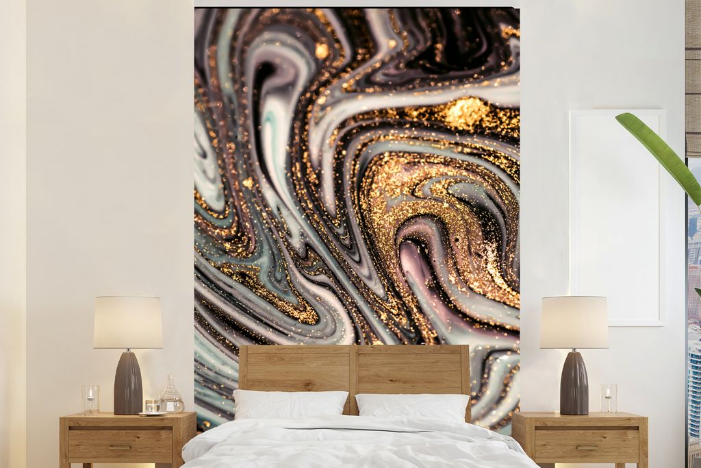 MuchoWow Fototapete für Wohnzimmer oder Schlafzimmer Wandtapete Vinyl Motivtapete Marmoroptik - Gold - Glitter - Luxus - Marmor - Weiß - 160x24...