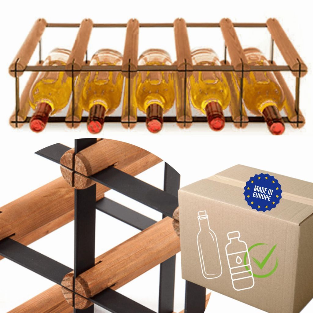 MODO24 Weinregal, 5 Flaschen, Flaschenhalter, Weinständer, Erweiterbar, Holz Metall, Industrial Loft, Küche, 12,5x52,5x25 cm, Braun, RW8