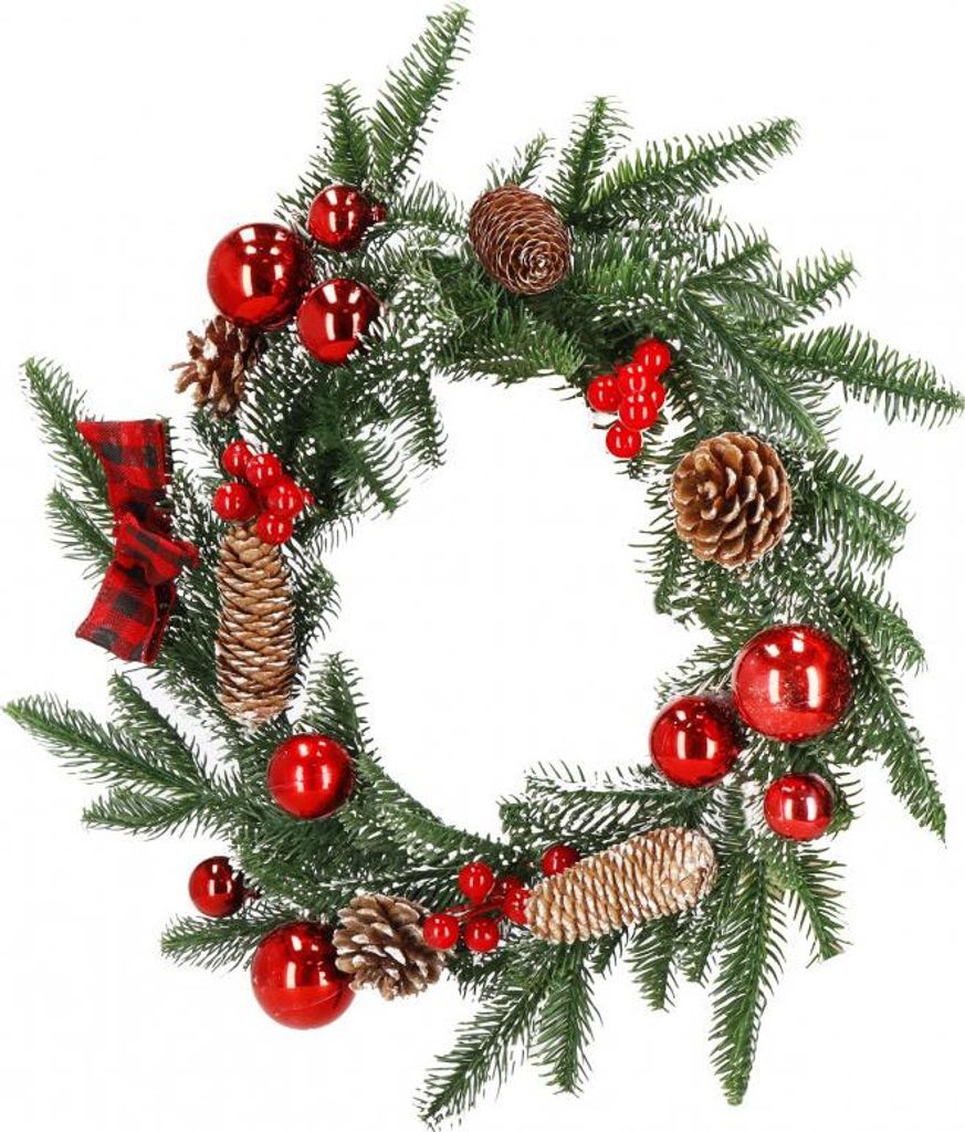 A Christmas wreath decorated with pinecones, red berries, and red baubles.