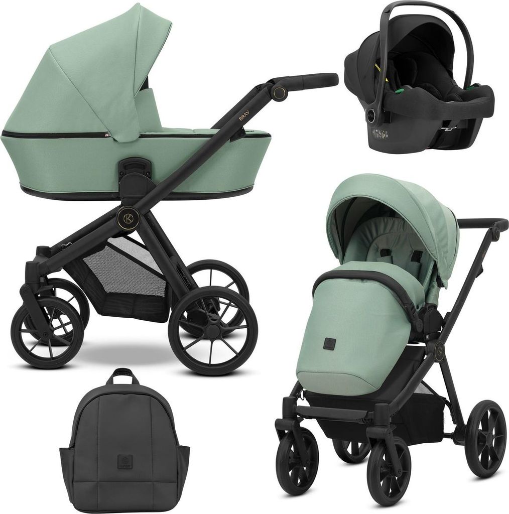 Kunert BRAV 3in1 Kinderwagen in Grün mit schwarzem Rahmen, Gelrädern und Cosmo Autositz
