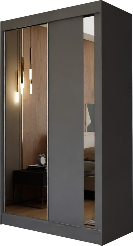 Masseno Schiebetürenschrank GRAZIA 120 cm Kleiderschrank Schlafzimmer Schrank 2-türig mit Spiegel Grau