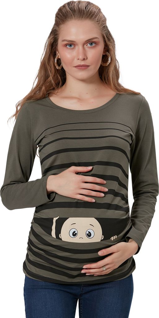 M.M.C. Umstandslangarmshirt Guck Guck mit Motiv, S, Khaki