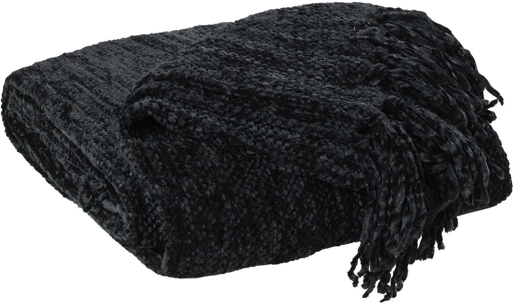 Wohndecke - 130 x 180 cm - Schwarz - Chenillegarn - mit Fransen