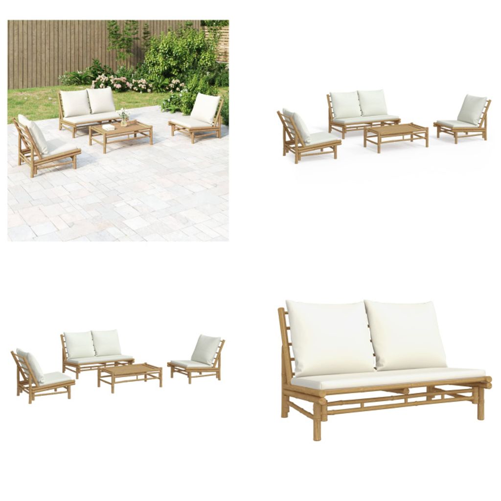 vidaXL 4 tlg. Garten Lounge Set mit Cremeweißen Kissen Bambus - Garten Lounge Set - Garten Lounge Sets - Lounge Set - Gartenmöbel Set