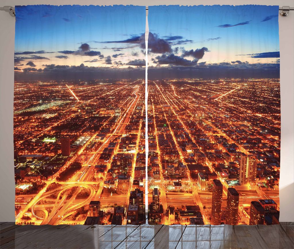 ABAKUHAUS Stadt Rustikaler Vorhang, Chicago Downtown Antenne, Wohnzimmer Universalband Gardinen mit Schlaufen und Haken, 280 x 225 cm, Dunkelorange...