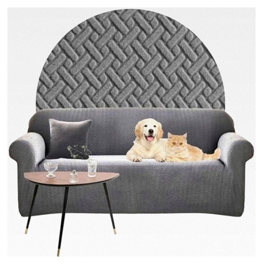 Sofaüberzug Grau - 3-Sitzer Couch- und Sofabezug - Jacquard Fischgrät Sesselbezug Stretch - Elastischer Couchbezug - Breite 190-230 cm - 100