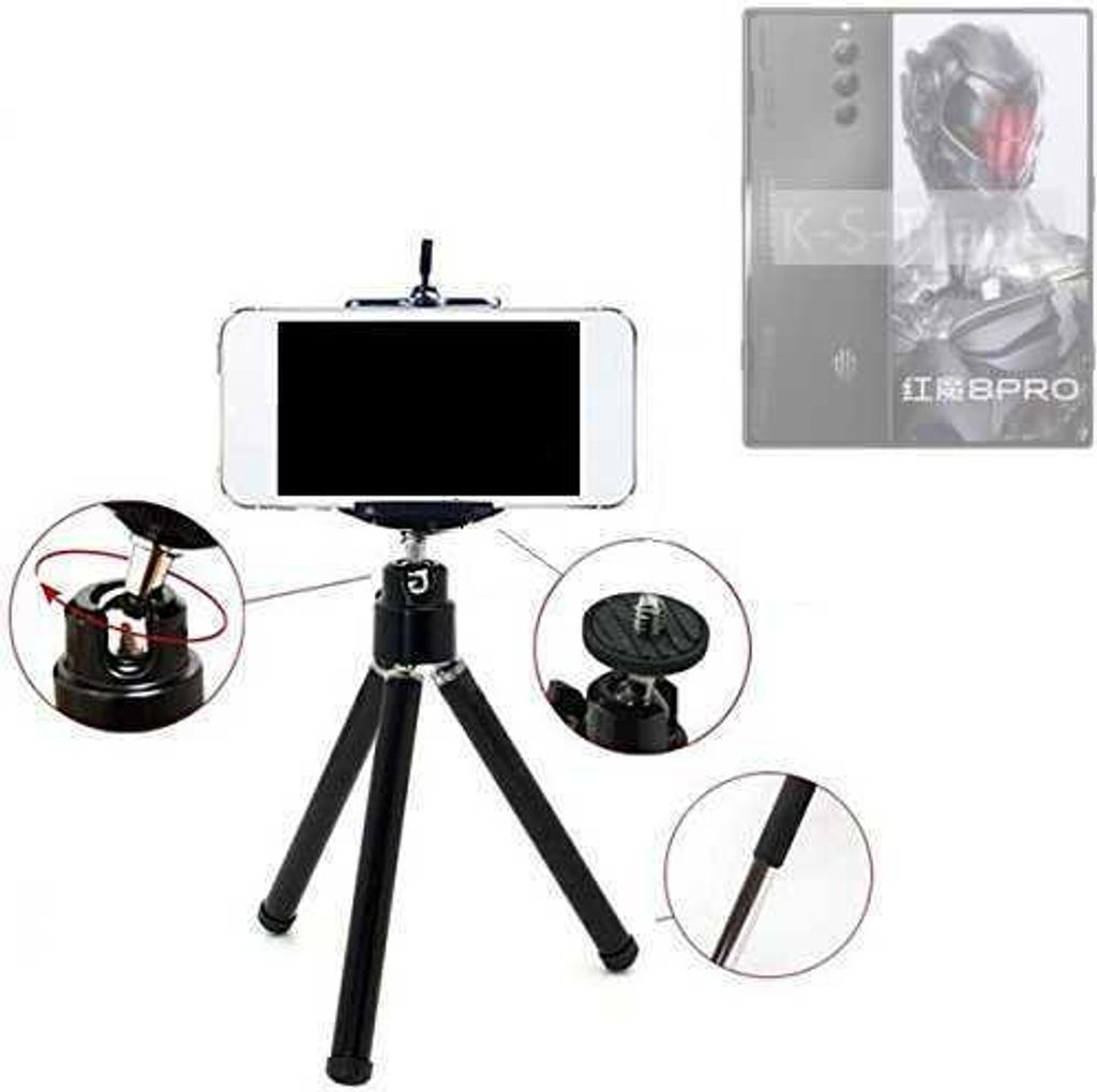 K-S-Trade Smartphone Stativ Dreibein kompatibel mit nubia Red Magic 8 Pro Global Tripod aus Aluminium Klemmstativ Stativ Adapter für Mobiltelefone