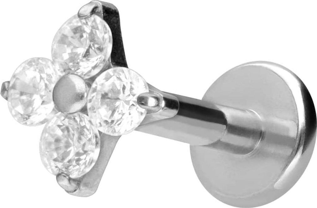 Ohrpiercing, Nasenpiercing Titan Labret mit Innengewinde KRISTALLBLUME Silber Stablänge: 8mm | Stabstärke: 1,6mm