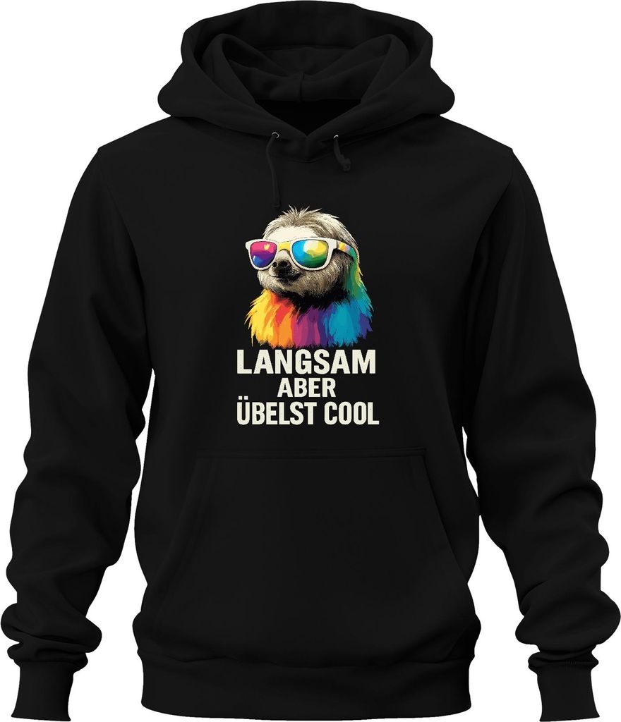 Langsam aber übelst cool Faultier Sonnenbrille Regenbogen Retro Uni Hoodie Kapuzenpullover, Schwarz, S