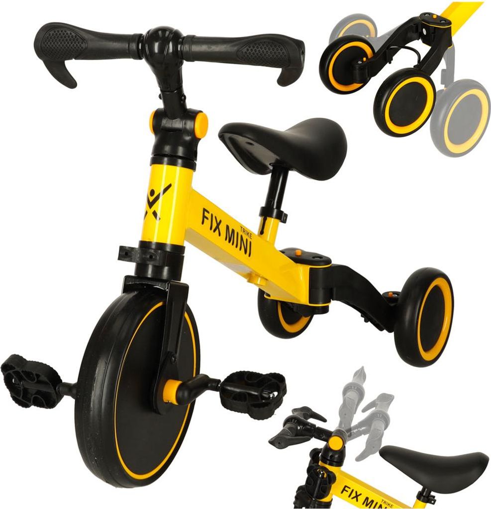 A yellow and black 3-in-1 trike with pedals is shown against a white background.