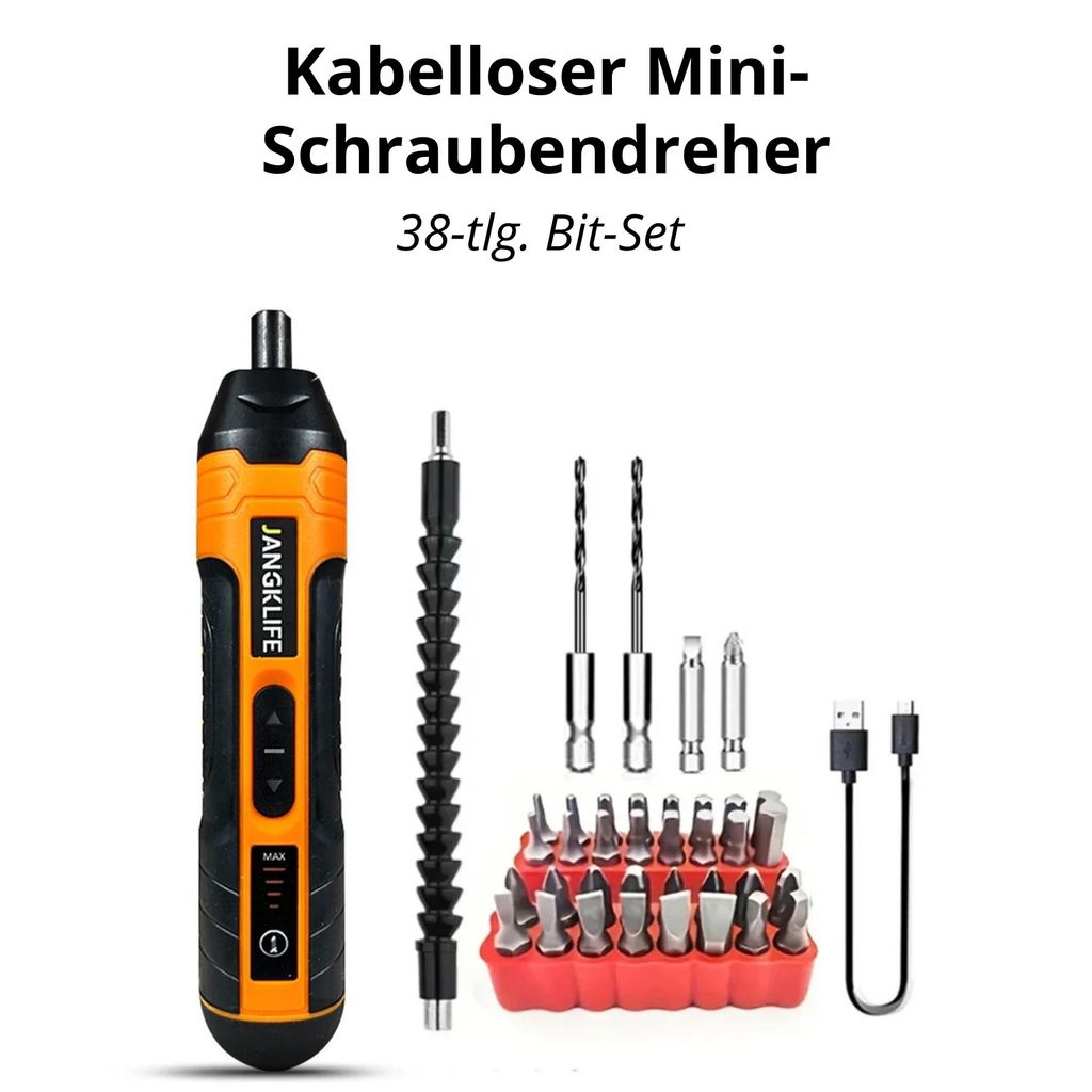 Kabelloser Mini-Schraubendreher 3,6 V – 1300 mAh Li-Ion Akku, 4-Gang, Schnelllade-USB, LED-Arbeitslicht, 38-tlg. Bit-Set
